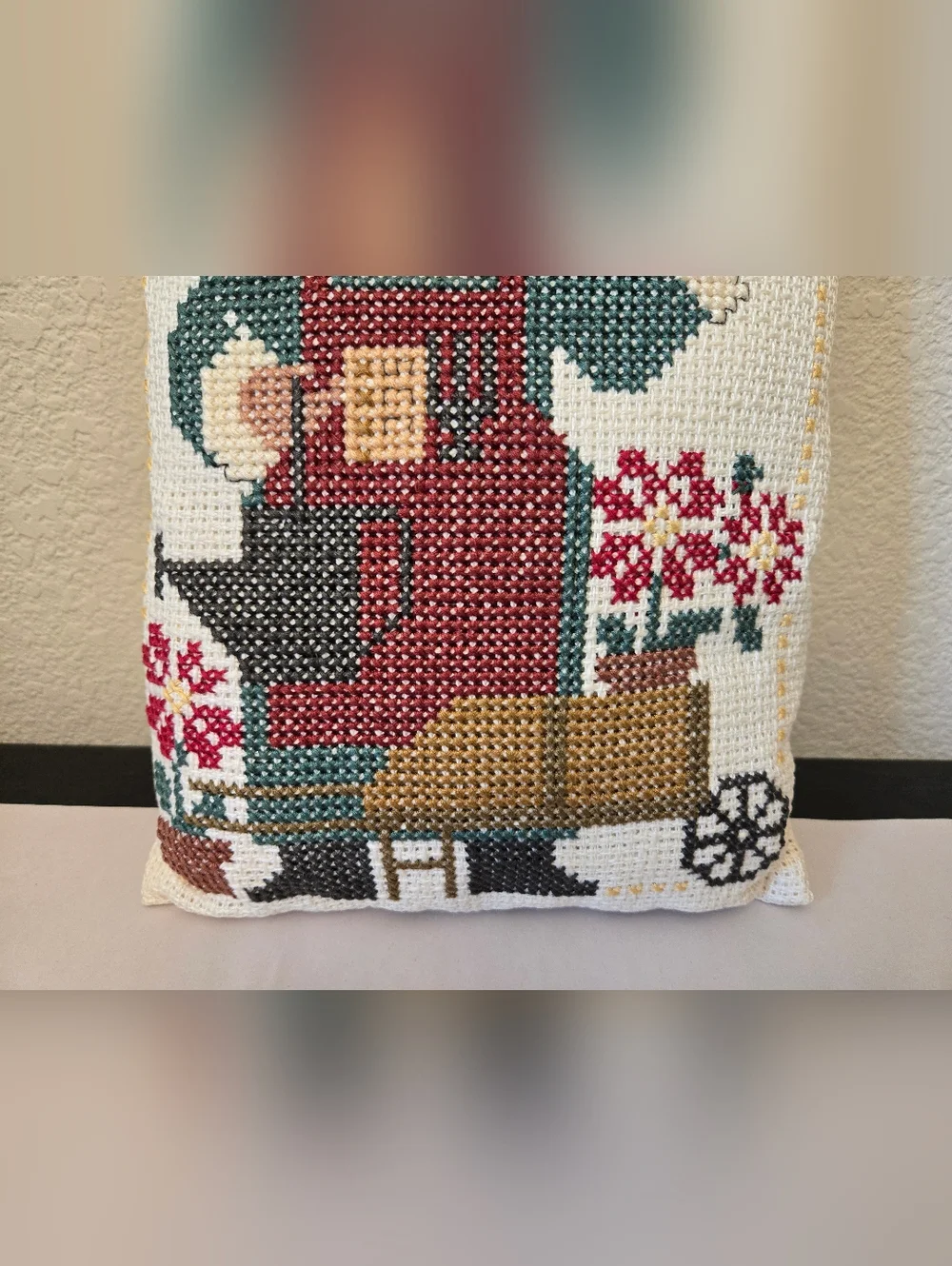 Vintage Needlepoint Santa Pillow Gardening Theme Accent Decor Christmas Holiday